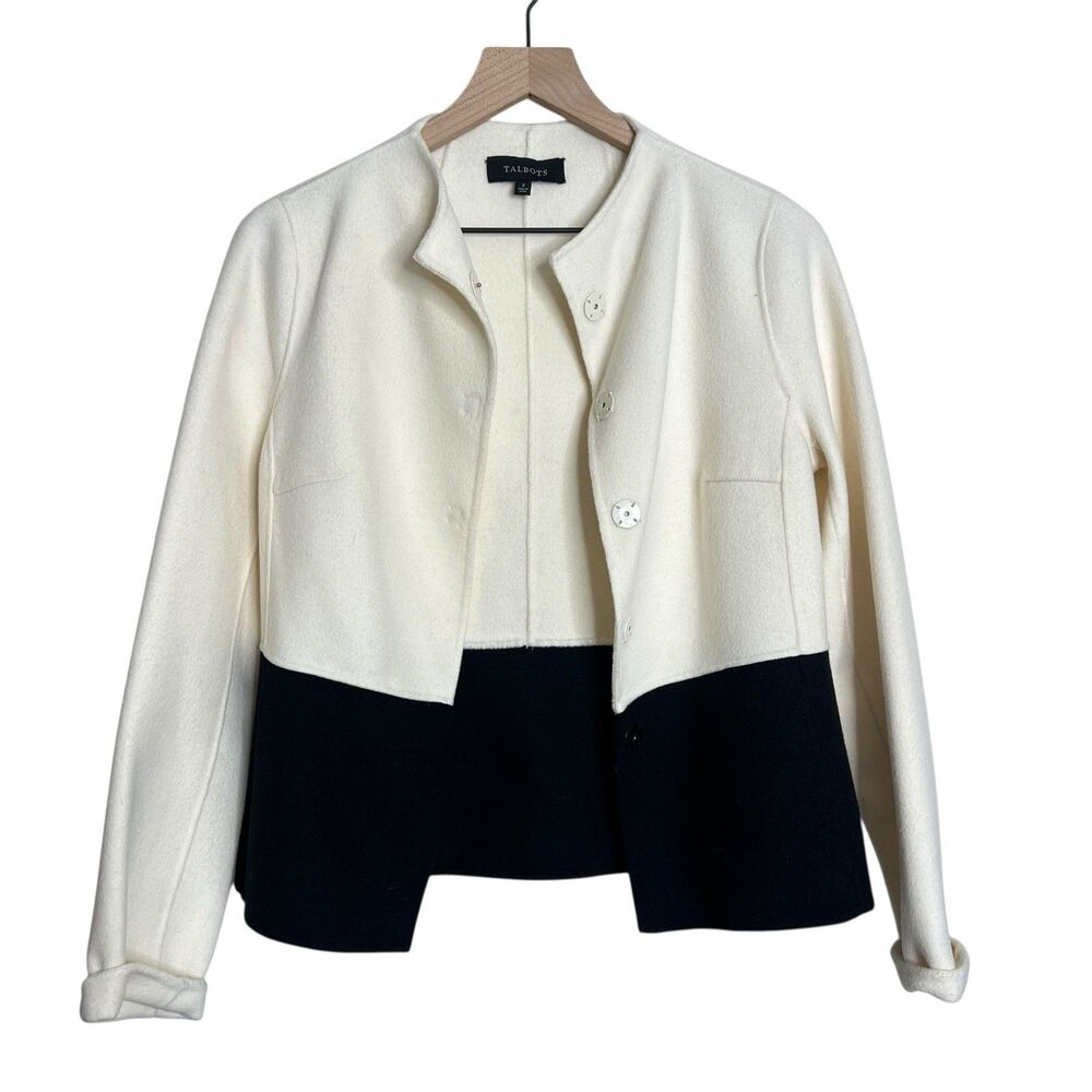 Talbots Women’s 2 Wool Jacket Blazer Black Off-White Colorblock Career Elegant